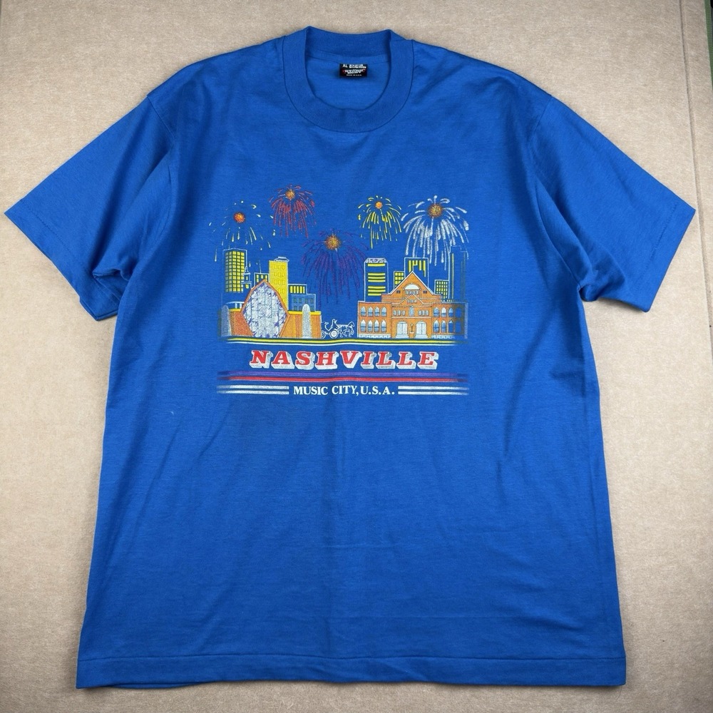 Vintage Screen Stars Best Shirt‎ XL Nashville USA Blue Fireworks 80s 90s SS
